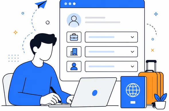 Flat semi-flat vector illustration of a traveler calmly filling occupation and employment fields in an online travel authorization form, clean modern tech feel, faceless abstract character, organized interface cues, minimal background, Aid-Air palette