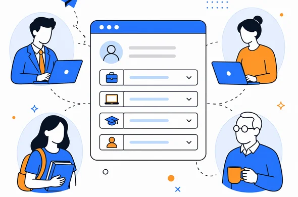 Flat vector comparison scene of different traveler profiles like employee, freelancer, student, and retiree reviewing employment field options in a travel authorization form, clean modern tech feel, faceless abstract characters, minimal background, Aid-Air palette