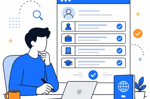 Flat semi-flat vector illustration of a calm final review of an online ETA form before submission, checklist and confirmation cues, faceless abstract character, organized atmosphere, minimal background, Aid-Air palette