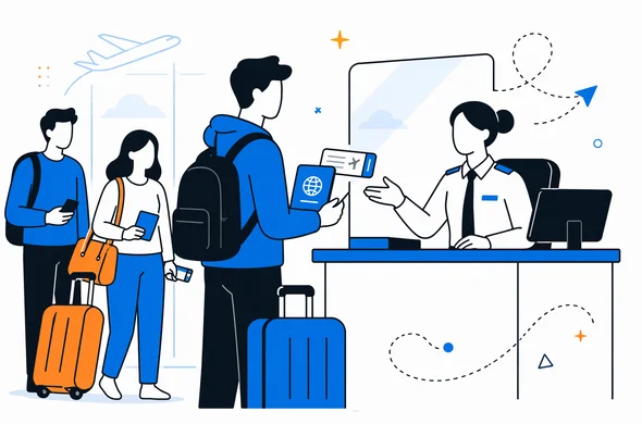 Flat vector illustration of travelers arriving at an airport border control area, holding organized travel documents, calm modern tech aesthetic, faceless abstract characters, minimal background, Aid-Air palette