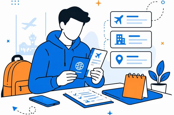 Flat semi-flat vector illustration of a traveler reviewing passport ETA approval flight details and hotel info before border control, calm organized atmosphere, faceless abstract characters, minimal background, Aid-Air palette