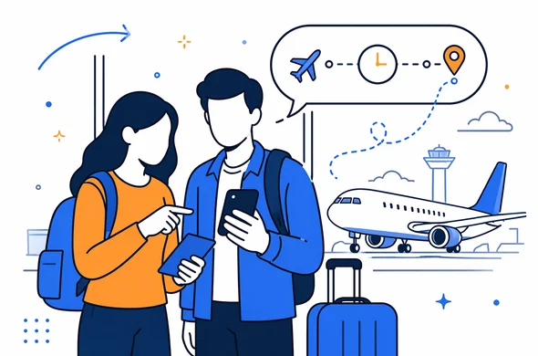 Flat semi-flat vector illustration of travelers reviewing transit flight details at an airport, faceless abstract characters, calm organized atmosphere, minimal background, Aid-Air palette, clean modern tech feel