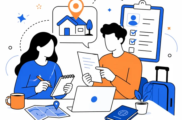 Flat semi-flat vector illustration of travelers organizing homestay address details and booking notes before filling an ETA form for Sri Lanka, faceless abstract characters, calm organized atmosphere, minimal background, Aid-Air palette, clean modern tech feel.