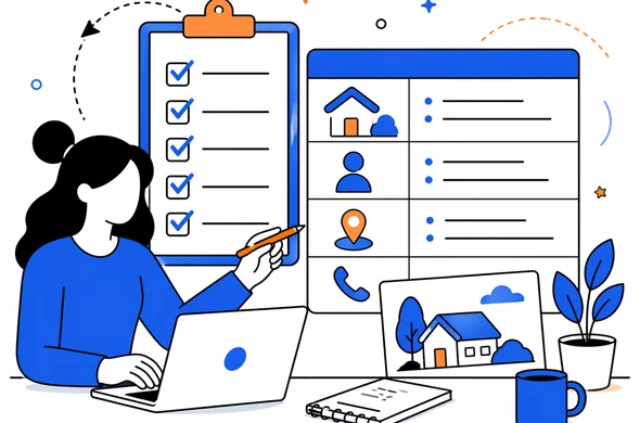 Flat semi-flat vector illustration of an organized checklist and table with homestay address details, host name, city and contact info before ETA submission, faceless abstract characters, calm organized atmosphere, minimal background, Aid-Air palette, clean modern tech feel.