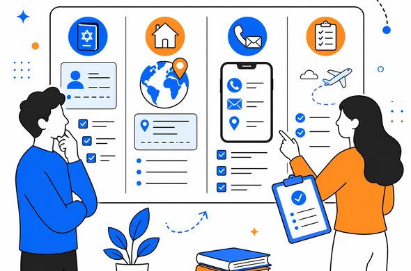 Flat semi-flat vector illustration of a comparison board showing Israeli citizenship, overseas residence address, contact details, and Sri Lanka ETA checklist, faceless abstract characters, calm organized atmosphere, minimal background, Aid-Air palette, clean modern tech feel.