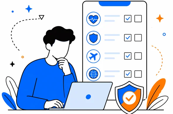 Flat semi-flat vector illustration of a traveler reviewing sensitive health and security questions on a digital travel form, calm organized atmosphere, faceless abstract character, minimal background, Aid-Air palette, clean modern tech feel.