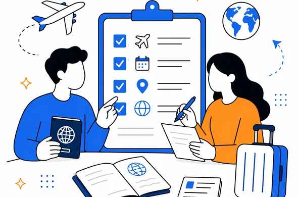 Flat/semi-flat vector illustration of abstract travelers reviewing past travel records, passport and ETA form sections on a checklist, calm organized atmosphere, minimal background, Aid-Air palette, clean modern tech feel, faceless characters.