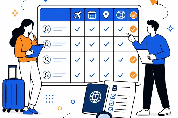 Flat/semi-flat vector illustration of a clean checklist table for verifying previous travel history before submission, abstract faceless characters, minimal background, Aid-Air palette, modern tech feel.