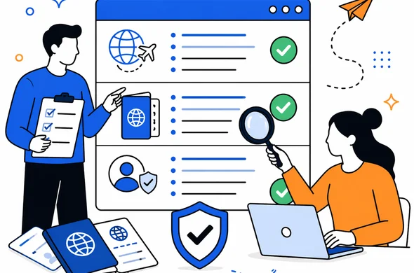 Flat/semi-flat vector illustration of final review before submitting an ETA application, abstract faceless characters checking consistency between travel history, passport, and background fields, calm organized atmosphere, Aid-Air palette.