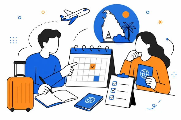 Flat semi-flat vector illustration of travelers planning Sri Lanka ETA timing with calendar, passport, and checklist, faceless abstract characters, calm organized atmosphere, minimal background, Aid-Air palette, clean modern tech feel.