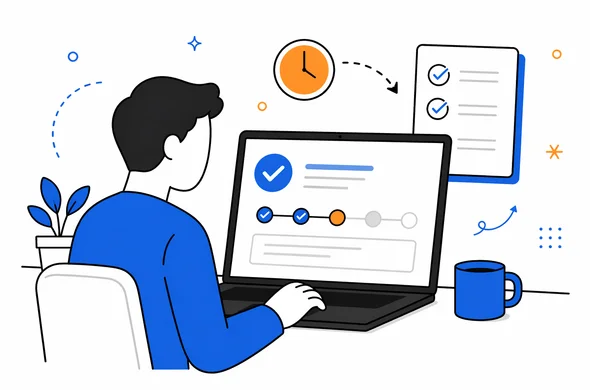 Flat semi-flat vector illustration of checking Sri Lanka ETA application status on a laptop with progress indicator and checklist, faceless abstract characters, calm organized atmosphere, minimal background, Aid-Air palette, clean modern tech feel.