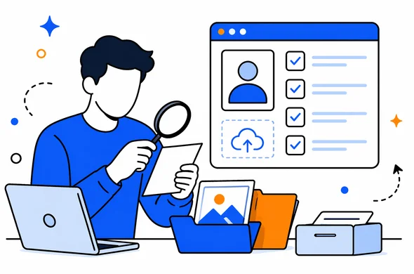 Flat semi-flat vector illustration of organized file checking before submitting an online form, faceless abstract character, checklist and image thumbnail, minimal background, Aid-Air palette, clean modern tech feel