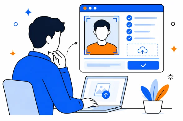 Flat semi-flat vector illustration of previewing an uploaded image before final submission, faceless abstract character, calm organized interface, minimal background, Aid-Air palette, clean modern tech feel