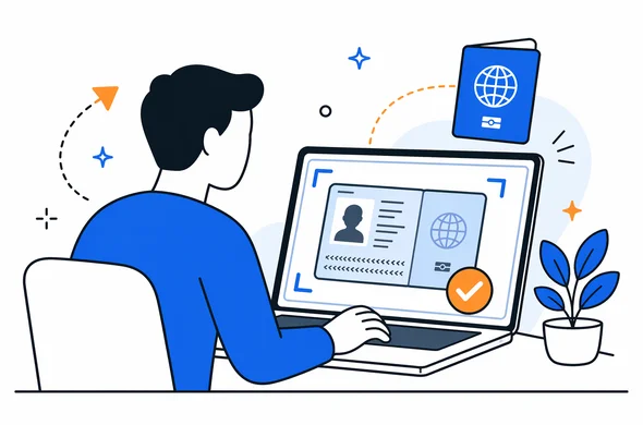 Flat semi-flat vector illustration of a traveler reviewing a passport scan on a laptop before upload, calm organized atmosphere, faceless abstract character, minimal background, clean modern tech feel, Aid-Air palette.