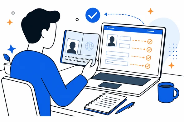 Flat semi-flat vector illustration of a person comparing passport scan details with an online application form, organized desk, faceless abstract character, minimal background, clean modern tech feel, Aid-Air palette.