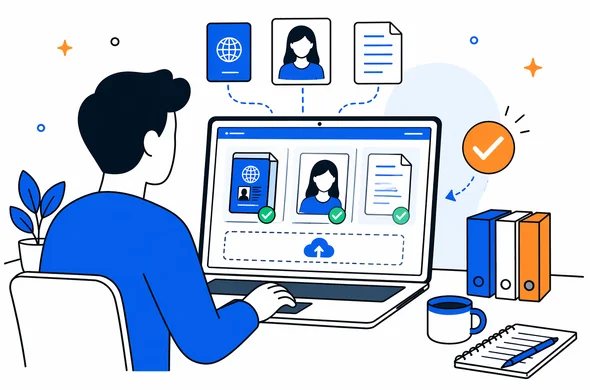 Flat semi-flat vector illustration of organized travel application files on a laptop, passport scan and portrait image arranged neatly, calm organized atmosphere, faceless abstract character, minimal background, Aid-Air palette.