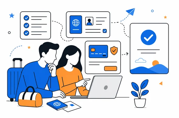 Flat semi-flat vector illustration of travelers calmly reviewing an online ETA payment step with checklist, passport details and confirmation screen, faceless abstract characters, clean modern tech feel, minimal background, Aid-Air palette.