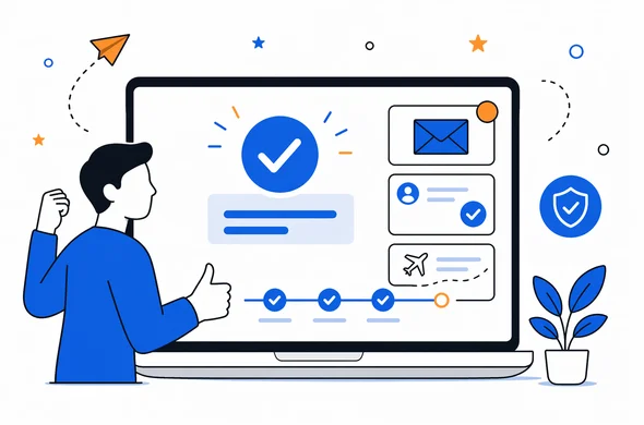 Flat semi-flat vector illustration of a confirmation screen after an online travel application payment, with check marks, email icon and status tracking elements, faceless abstract characters, calm organized atmosphere, minimal background, Aid-Air palette.