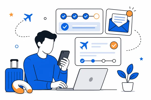Flat semi-flat vector illustration of a traveler checking application status and email after an online ETA payment, faceless abstract characters, clean modern tech feel, minimal background, Aid-Air palette.