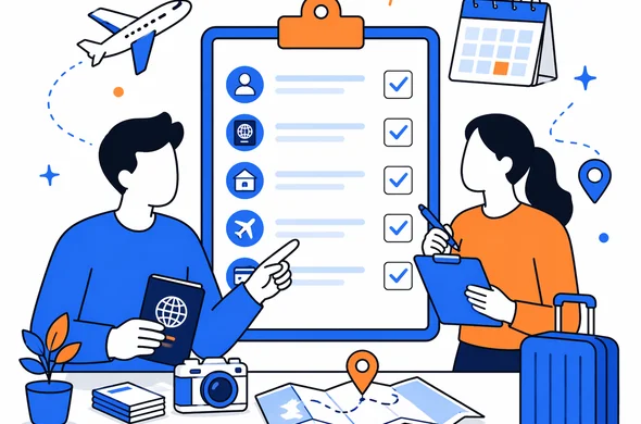 Flat semi-flat vector illustration of an organized travel planning board for a Sri Lanka ETA application, faceless abstract characters, checklist, passport and trip details, calm organized atmosphere, minimal background, Aid-Air palette, clean modern tech feel