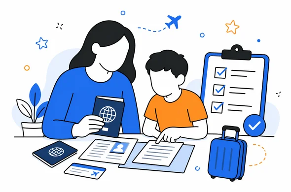 Flat semi-flat vector illustration of one parent and child reviewing passport, travel documents, and ETA checklist before a trip, faceless abstract characters, calm organized atmosphere, minimal background, Aid-Air palette, clean modern tech feel.