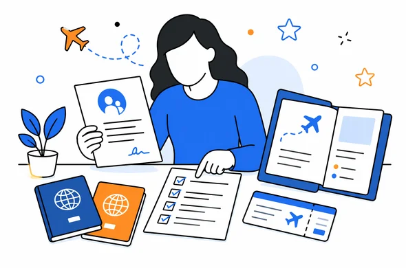 Flat semi-flat vector illustration of travel consent document, passports, and itinerary laid out neatly for review, faceless abstract characters, calm organized atmosphere, minimal background, Aid-Air palette, clean modern tech feel.