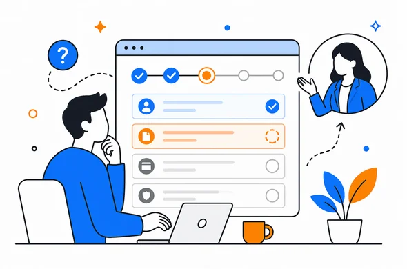 Flat semi-flat vector illustration of a traveler reviewing a partially completed ETA application flow with checkpoints, faceless abstract characters, calm organized atmosphere, minimal background, Aid-Air palette, clean modern tech feel