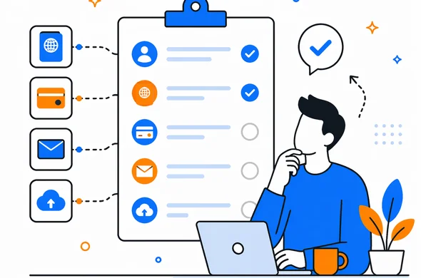 Flat semi-flat vector illustration of a neat travel checklist with passport, payment icon, email icon and progress markers, faceless abstract characters, calm organized atmosphere, minimal background, Aid-Air palette, clean modern tech feel