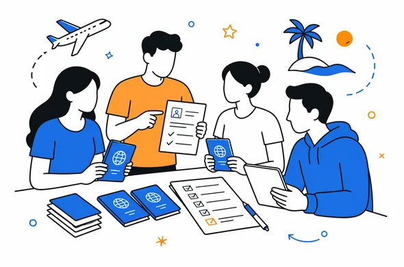Flat semi-flat vector illustration of a small travel group organizing passport details and ETA preparation checklist for Sri Lanka, faceless abstract characters, calm organized atmosphere, minimal background, Aid-Air palette, clean modern tech feel.