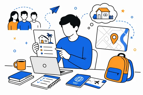 Flat semi-flat vector illustration of a travel organizer checking accommodation address and homestay details for group ETA preparation, faceless abstract characters, calm organized atmosphere, minimal background, Aid-Air palette, clean modern tech feel.