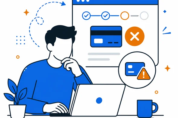 Flat semi-flat vector illustration of a calm traveler reviewing a payment error during an online travel authorization application, faceless abstract character, clean modern tech feel, minimal background, organized atmosphere, Aid-Air palette