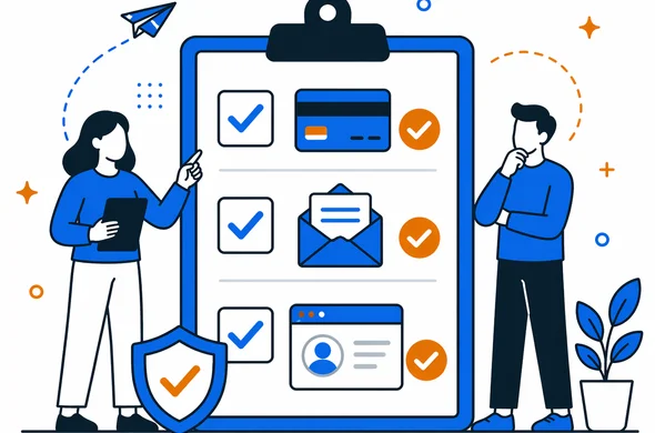 Flat semi-flat vector illustration of an organized checklist for verifying payment, email confirmation, and application status after an online ETA payment issue, faceless abstract characters, clean modern tech feel, minimal background, Aid-Air palette