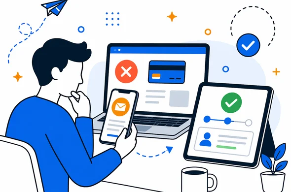 Flat semi-flat vector illustration of a traveler comparing payment screen, email confirmation, and application status on multiple devices, faceless abstract character, calm organized atmosphere, clean modern tech feel, minimal background, Aid-Air palette