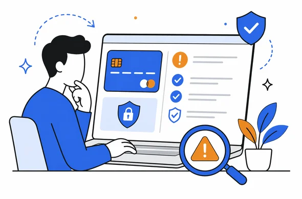 Flat semi-flat vector illustration of a traveler reviewing payment step warnings and checklist on a laptop, faceless abstract characters, clean modern tech feel, calm organized atmosphere, minimal background, Aid-Air palette.