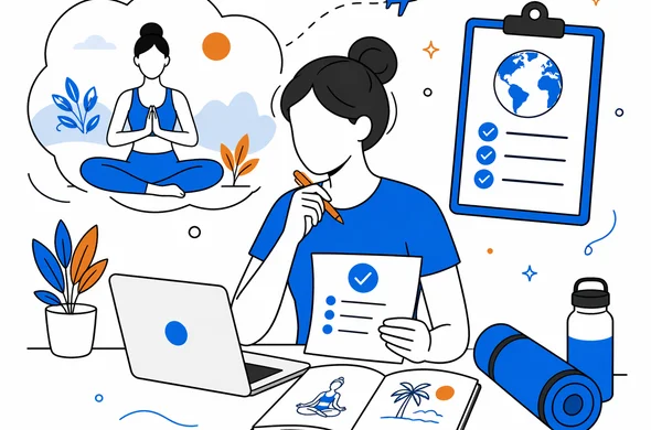 Flat semi-flat vector illustration of a calm traveler reviewing yoga retreat trip details and ETA planning, faceless abstract characters, clean modern tech feel, minimal background, Aid-Air palette