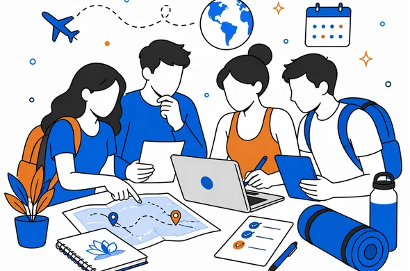 Flat semi-flat vector illustration of travelers calmly reviewing group retreat trip details before ETA submission, faceless abstract characters, clean tech style, minimal background, Aid-Air palette