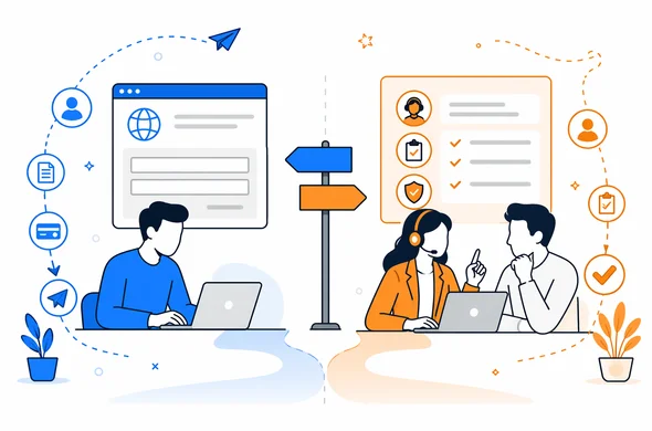 Flat semi-flat vector illustration of two clear travel application paths side by side, one self-service official route and one guided Hebrew assistance route, faceless abstract characters, calm organized atmosphere, minimal background, Aid-Air palette, clean modern tech feel.