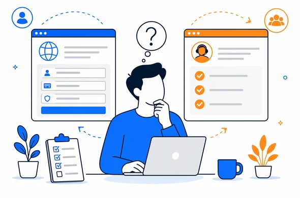 Flat semi-flat vector illustration of a traveler reviewing details before choosing between an official form site and a guided assistance site, faceless abstract characters, clean checklist elements, minimal background, Aid-Air palette, calm modern tech style.
