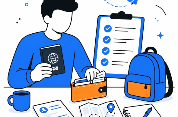 Flat semi-flat vector illustration of a calm budget traveler organizing travel documents, checklist and wallet before an ETA application, faceless abstract character, minimal background, clean modern tech feel, Aid-Air palette, flat/semi-flat vector style.