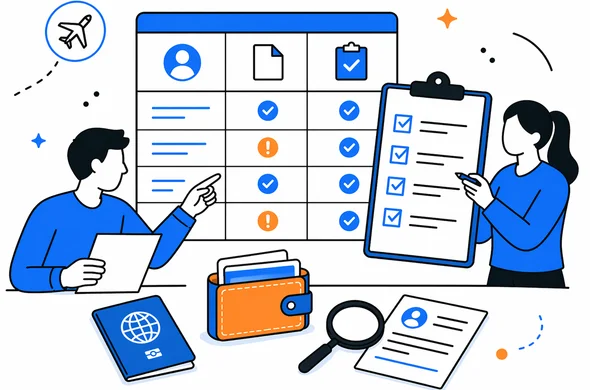 Flat semi-flat vector illustration of an organized comparison table and checklist for reviewing an ETA application before submission, faceless abstract characters, calm atmosphere, minimal background, Aid-Air palette, clean modern tech feel.
