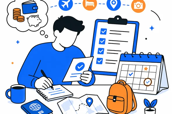 Flat semi-flat vector illustration of a calm traveler integrating ETA planning into a budget trip plan, checklist, calendar and travel icons, faceless abstract character, minimal background, clean modern tech feel, Aid-Air palette.