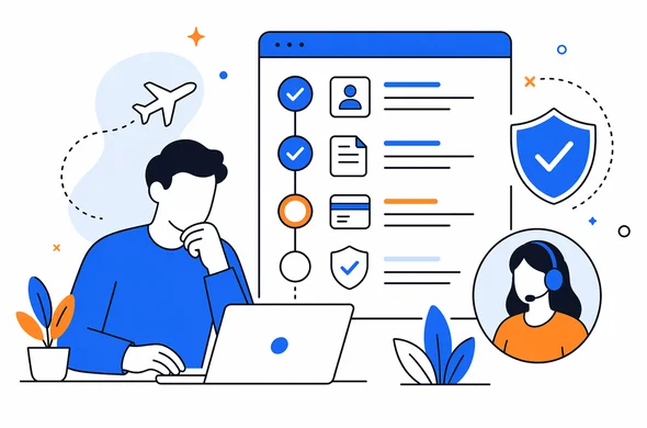 Flat semi-flat vector illustration of a traveler reviewing a structured online travel authorization process, faceless abstract character, calm organized atmosphere, minimal background, clean modern tech feel, Aid-Air palette.