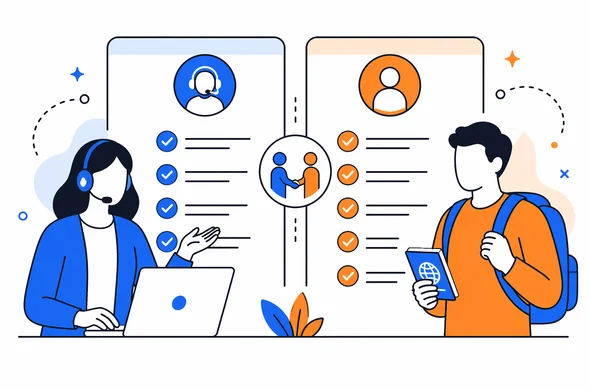 Flat vector illustration of two columns showing support responsibilities versus traveler responsibilities, faceless abstract characters, calm organized atmosphere, minimal background, modern SaaS style, Aid-Air palette.