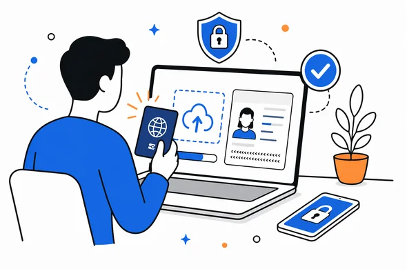 Flat semi-flat vector illustration of a secure online document upload flow with passport scan, calm organized interface, faceless abstract character, minimal background, Aid-Air palette, clean modern SaaS style.