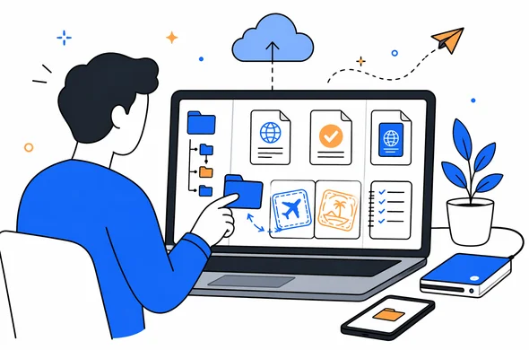 Flat semi-flat vector illustration of organized digital folder structure for travel documents with ETA approval, passport stamp images, and labeled files, clean modern tech feel, faceless abstract character, calm organized atmosphere, minimal background, Aid-Air palette.