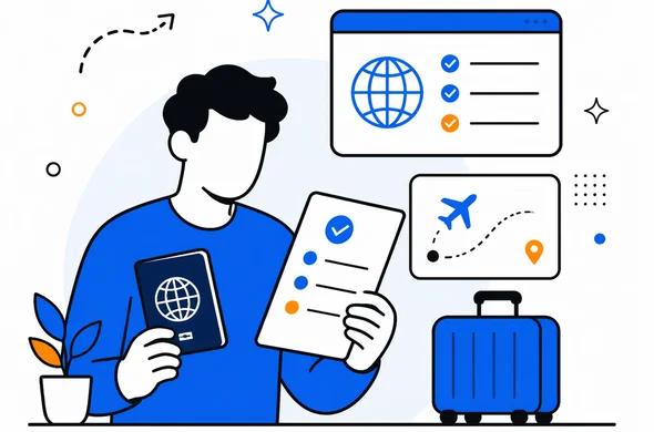 Flat semi-flat vector illustration of an Israeli traveler reviewing travel approval details and passport notes, clean modern tech feel, faceless abstract character, calm organized atmosphere, minimal background, Aid-Air palette.