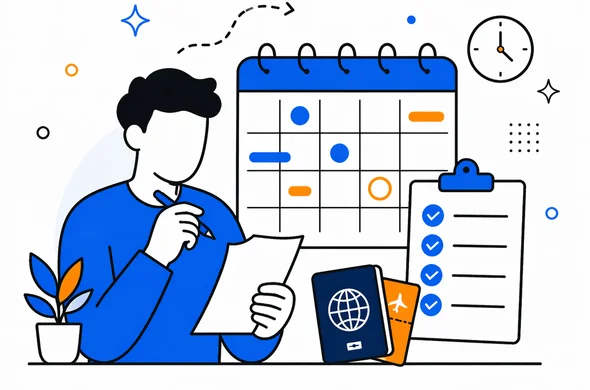 Flat semi-flat vector illustration of a traveler planning a visa application timeline with calendar and checklist, clean modern tech feel, faceless abstract character, calm organized atmosphere, minimal background, Aid-Air palette.