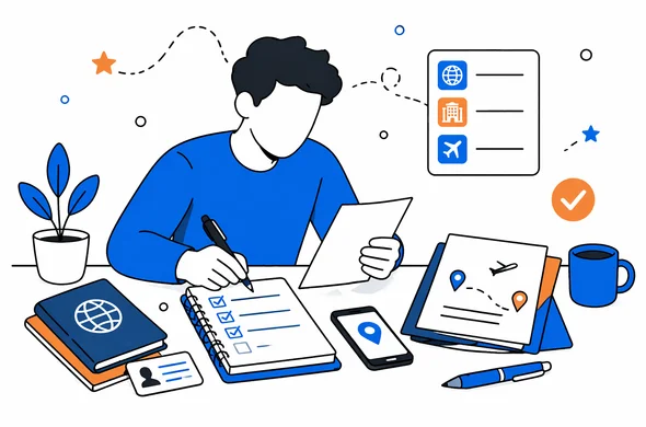 Flat semi-flat vector illustration of organized travel documents and itinerary notes before Sri Lanka ETA application, clean modern tech feel, faceless abstract characters, calm organized atmosphere, minimal background, Aid-Air palette.