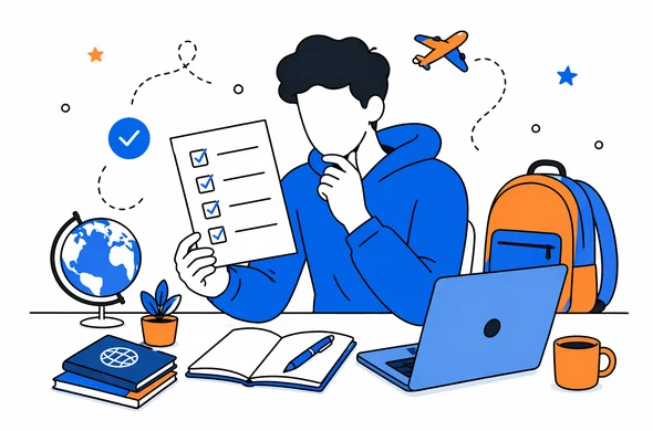 Flat semi-flat vector illustration of a calm young traveler reviewing checklist before Sri Lanka ETA submission, clean modern tech feel, faceless abstract characters, calm organized atmosphere, minimal background, Aid-Air palette.