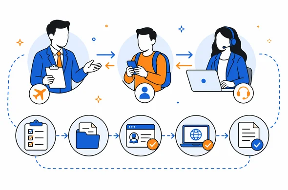 Flat semi-flat vector illustration of a simple workflow diagram showing travel agent, traveler, and support service roles in a Sri Lanka ETA process, clean modern tech feel, faceless abstract characters, calm organized atmosphere, minimal background, Aid-Air palette.